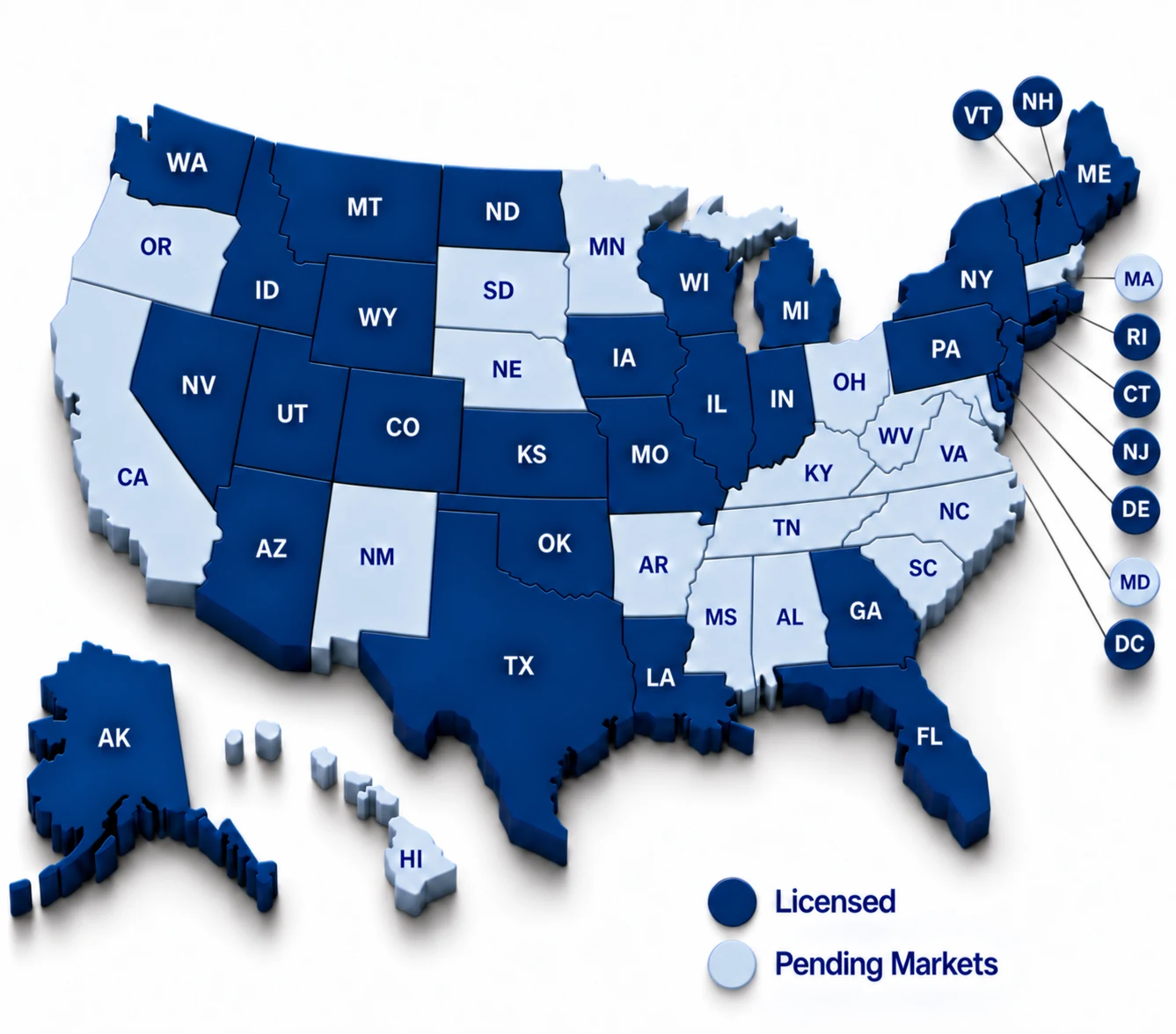 U.S. map showing Optimal Balance Pharmacy licensed states and pending markets