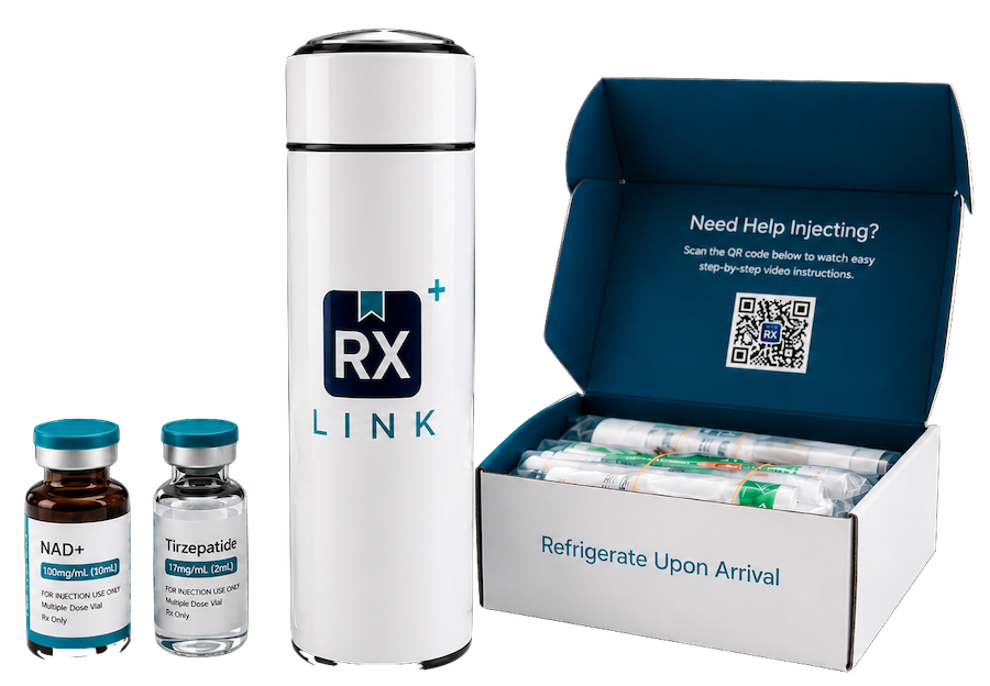 RX Link compounded medication kit featuring branded injector pen, NAD+ and Tirzepatide vials, and refrigerated shipping box with QR code instructions